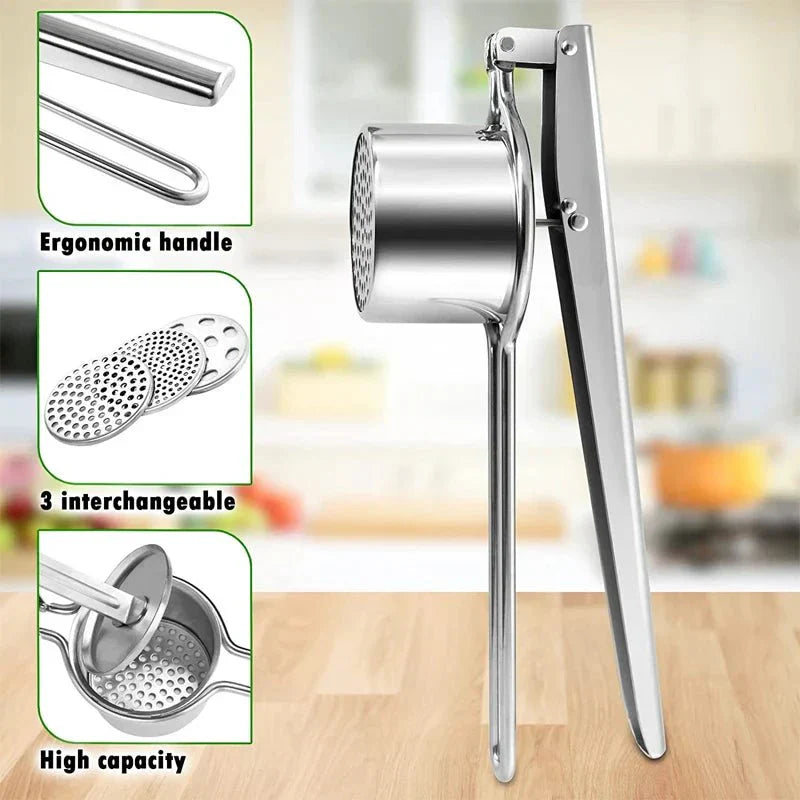 Stainless Steel Potato Press with 3 Discs for Perfect Purees & Juices - Fioriscas