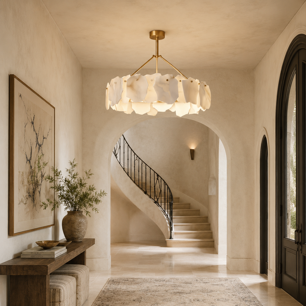 Petalwisp Copper Alabaster Chandelier With Sculptural Panels