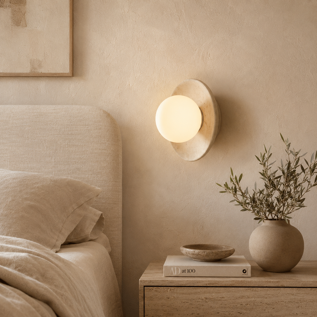 Terra Lume bernsteinfarbene Travertin-Globus-Wand- und Deckenlampe
