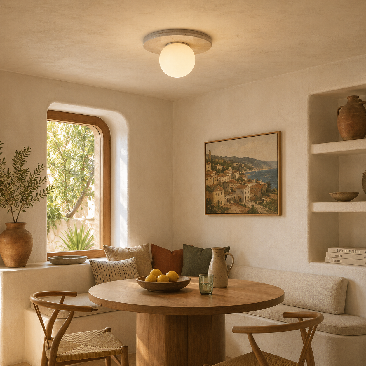 Terra Lume bernsteinfarbene Travertin-Globus-Wand- und Deckenlampe