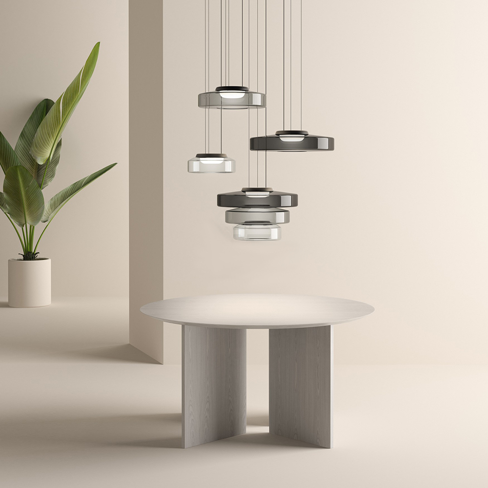 Lustră suspendată Asteron Bauhaus cu plafonieră din sticlă, 3 nuanțe de sticlă