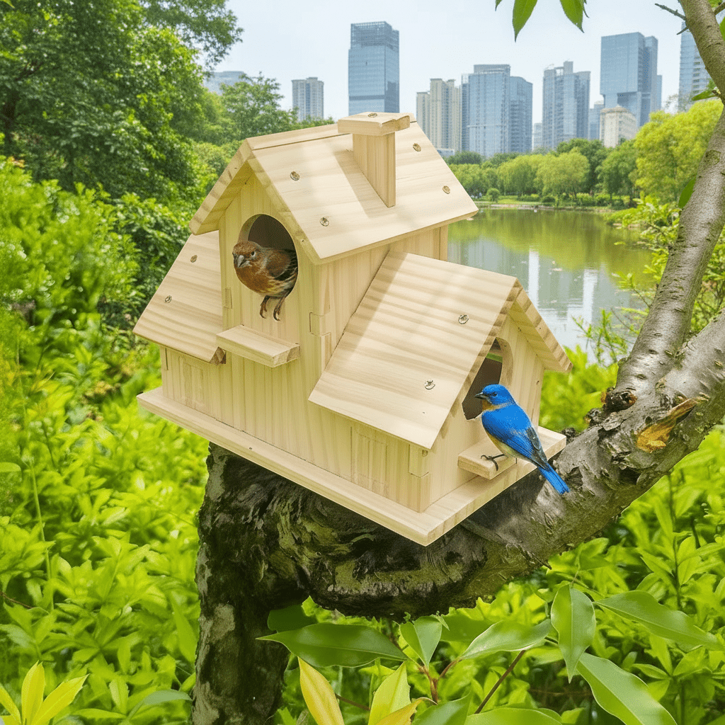 Rustic birdhouse made of solid wood with multi-chamber nesting box for garden birds - Fioriscas