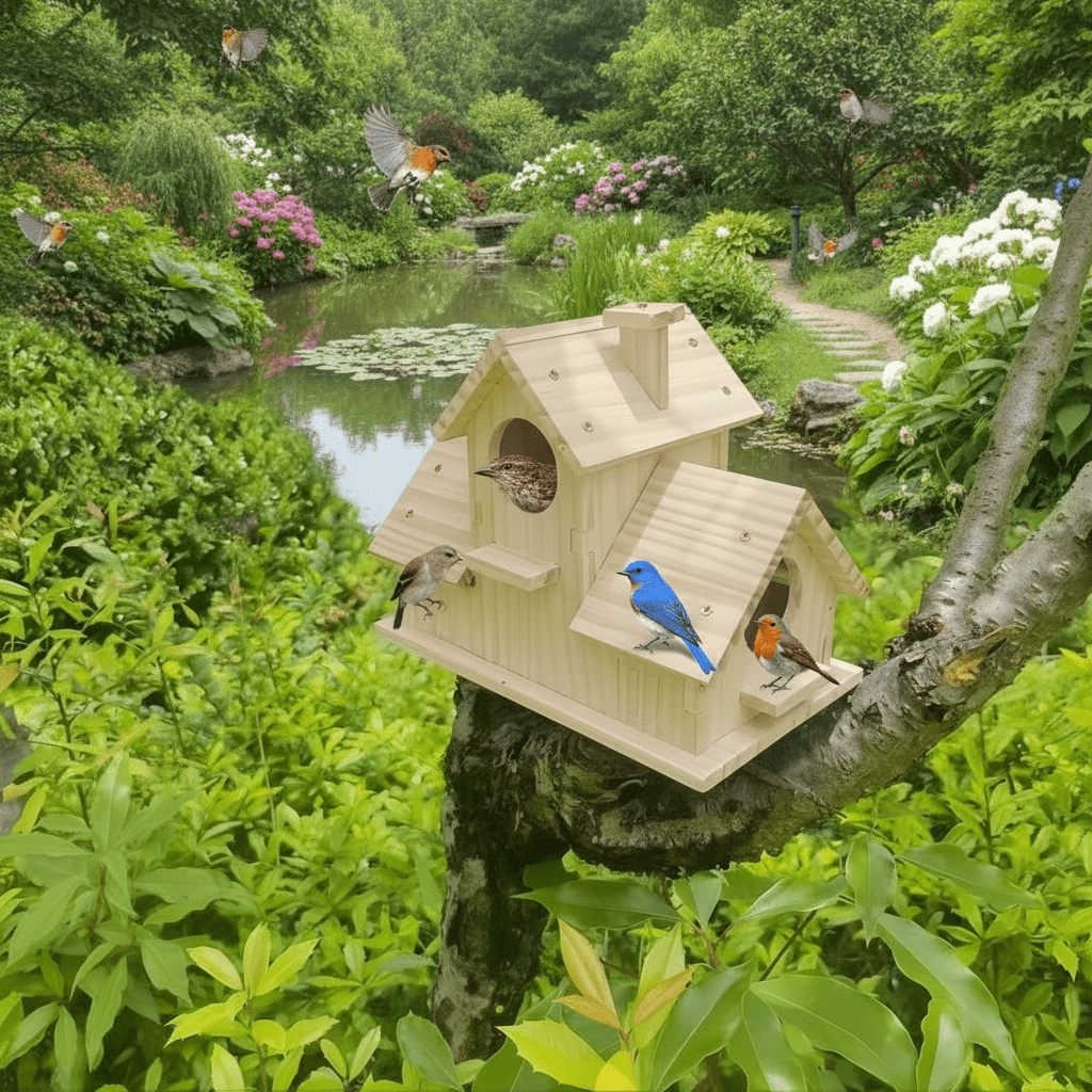 Rustic birdhouse made of solid wood with multi-chamber nesting box for garden birds - Fioriscas