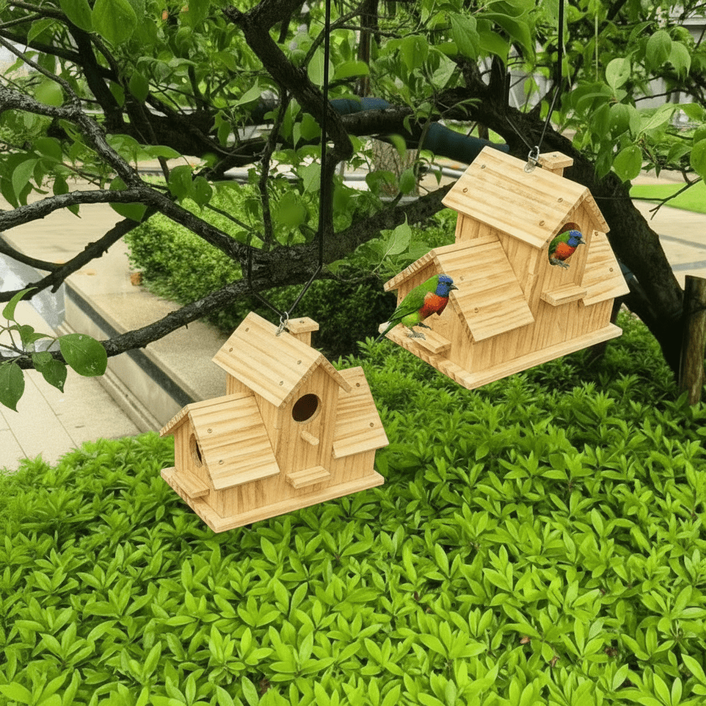 Rustic birdhouse made of solid wood with multi-chamber nesting box for garden birds - Fioriscas