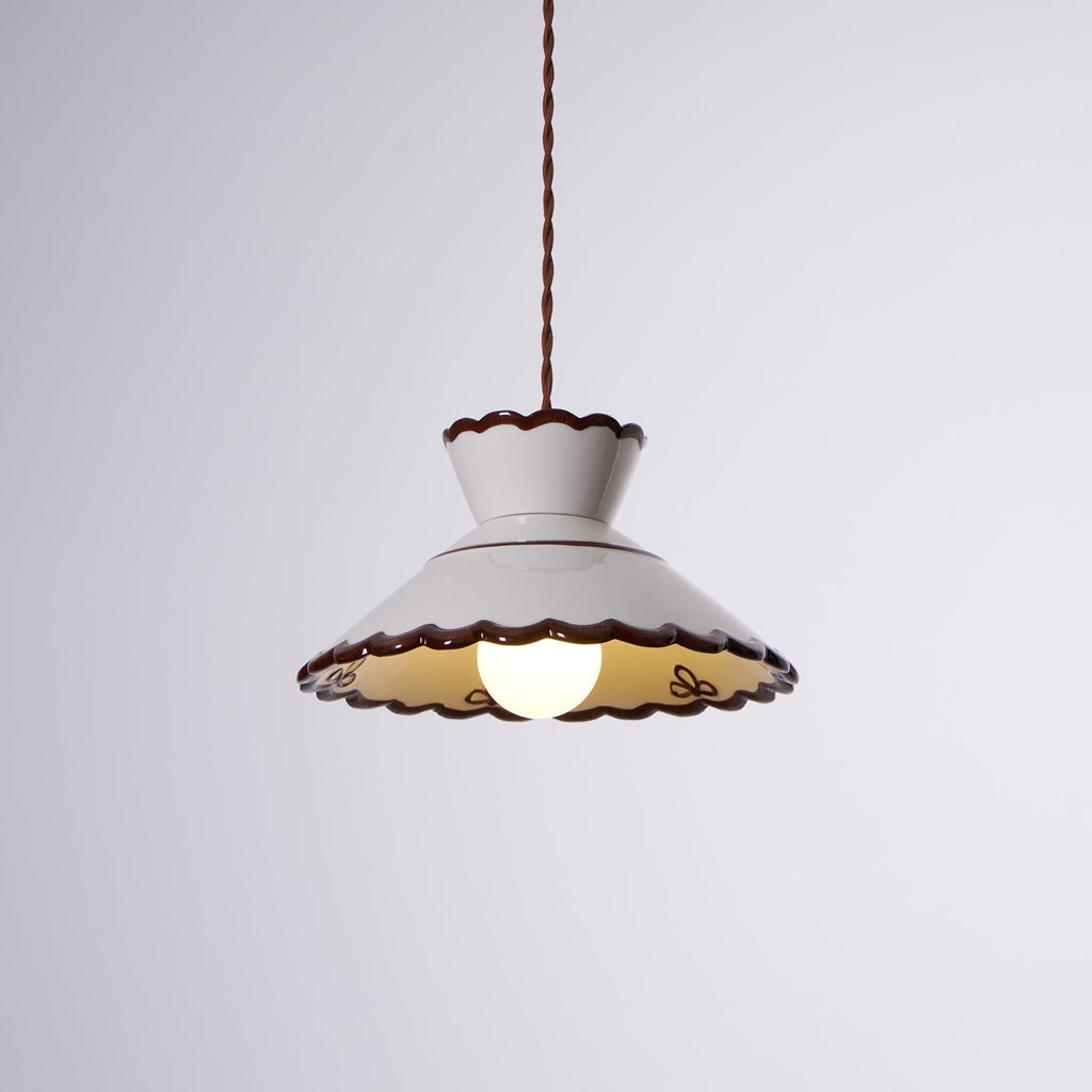 Candeeiro pendente, abat-jour de cerâmica recortado em creme e castanho, estilo vintage para cozinha