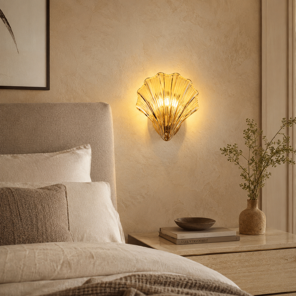LumaSeas Copper Seashell Wall Light With Fluted Glass Shade