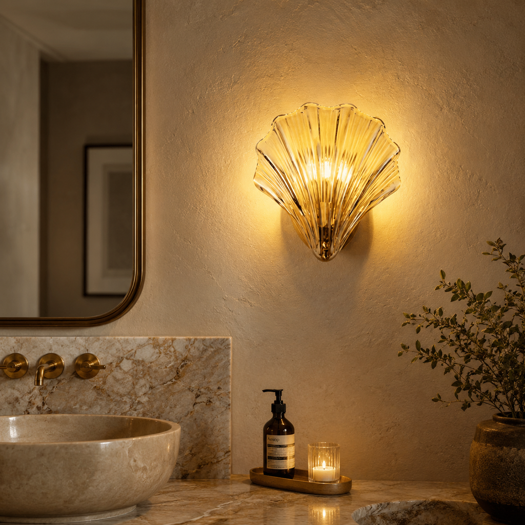 LumaSeas Copper Seashell Wall Light With Fluted Glass Shade
