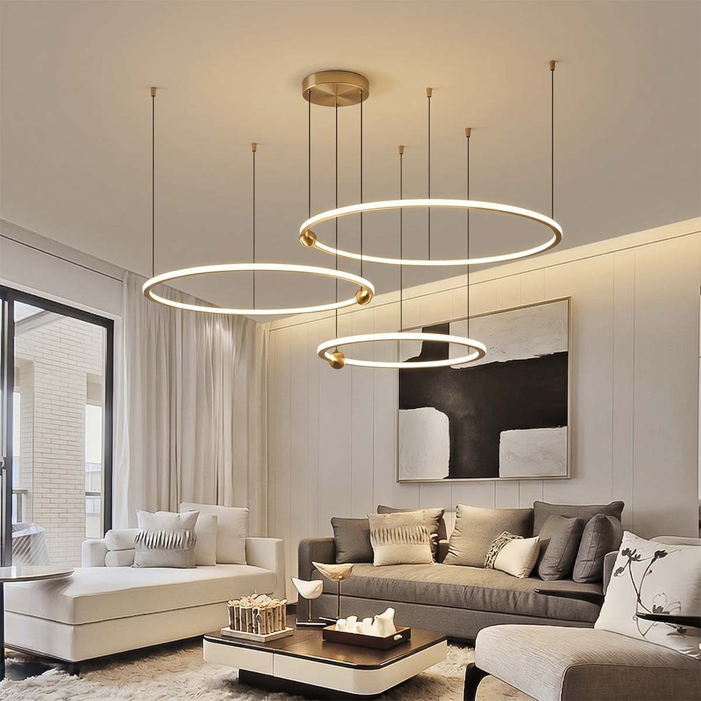 Radiant Copper Ring LED Chandelier With Floating Circular Orbits