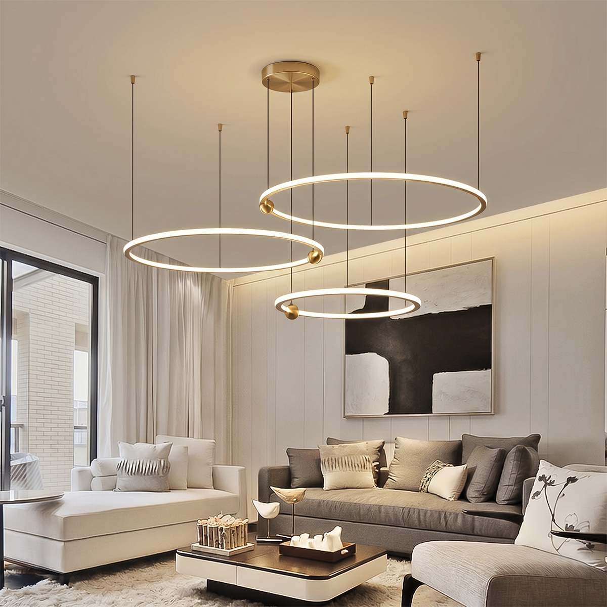 Radiant Copper Ring LED Chandelier With Floating Circular Orbits
