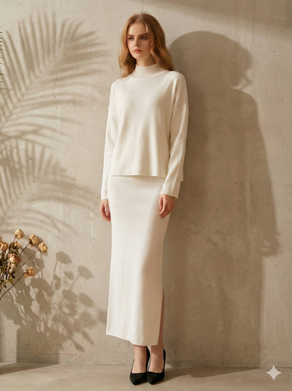 L'Ensemble Maille Côtelée | Pull Confort & Jupe Longue