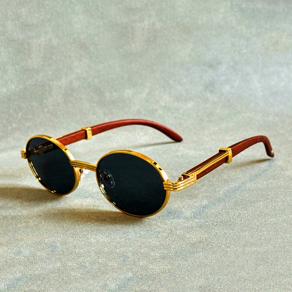 Rowen Round Sunglasses, Gold-Tone Frame With Wood Temple Accents