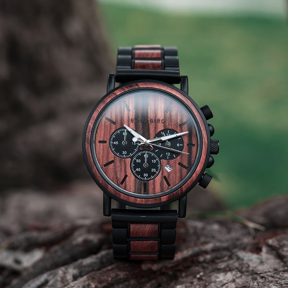 TimberLuxe Holzuhr für Herren mit Gravur, 3 ATM wasserdicht
