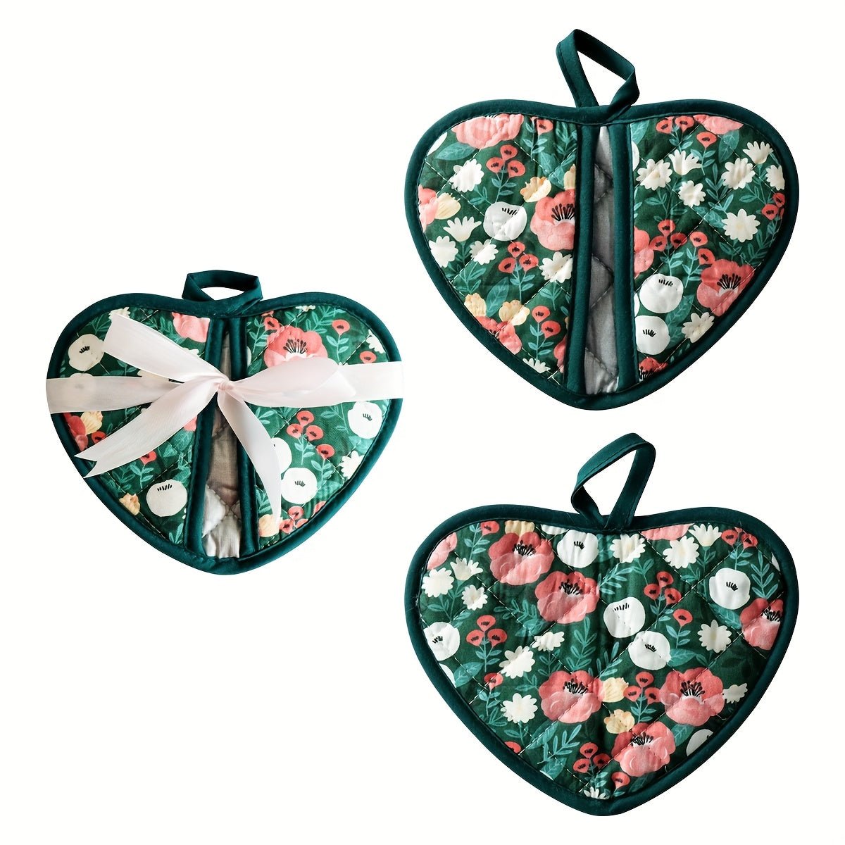 Varmebestandige grydelapper i hjerteform med blomster-vintage design - Fioriscas