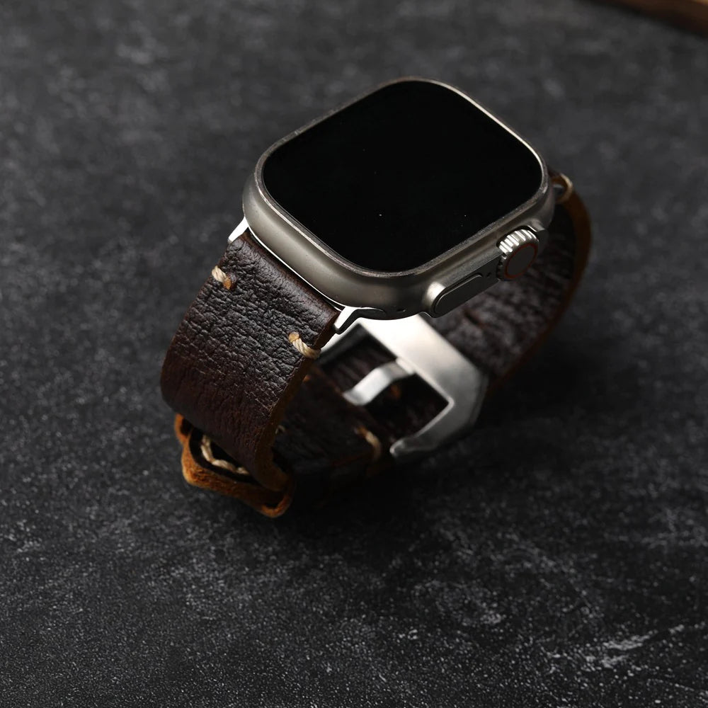 Vintage Leather Band For Apple Watch Ultra, Handcrafted Cowhide Strap