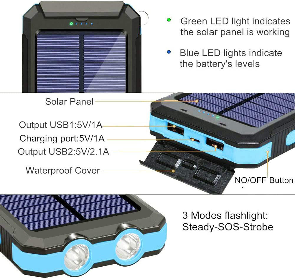 SolarPulse 20000 mAh solcelle-powerbank med LED-lommelygte