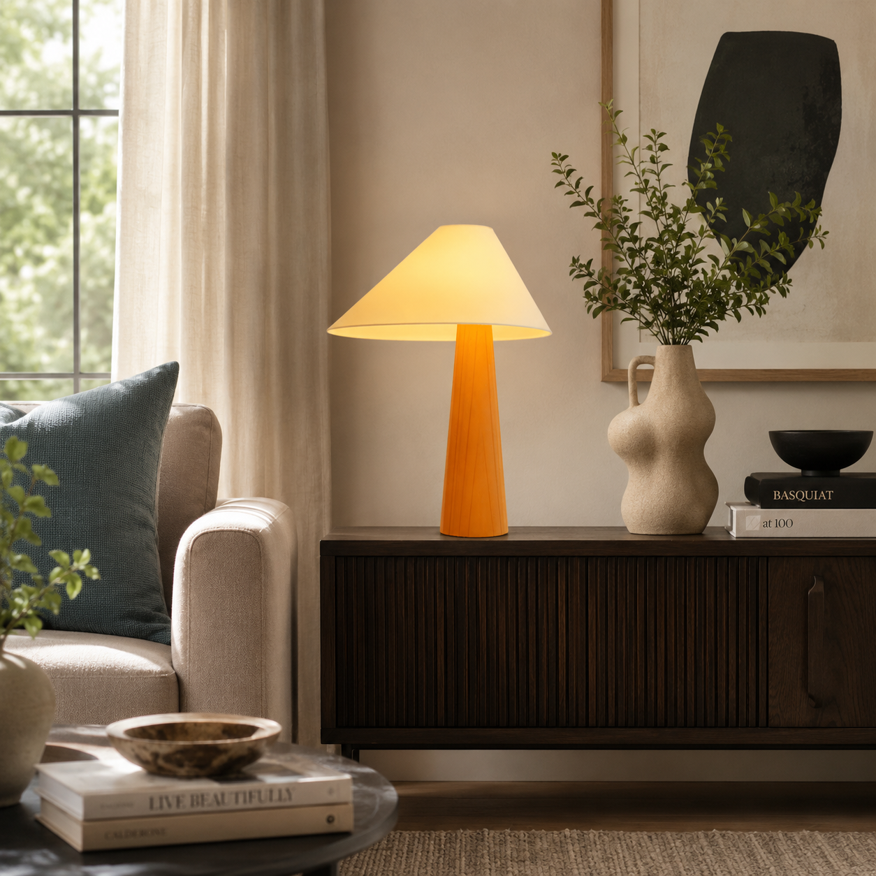 Azuma Wood Table Lamp With Soft Fabric Shade For Cozy Glow