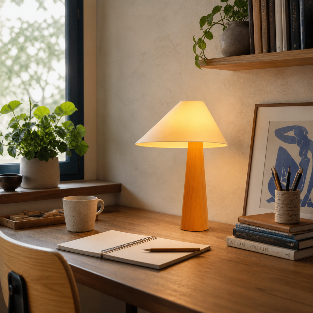 Azuma Wood Table Lamp With Soft Fabric Shade For Cozy Glow