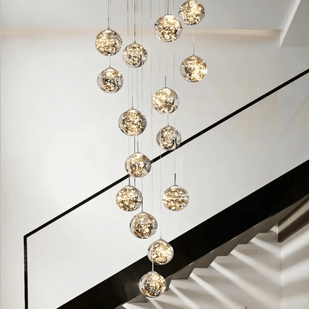 LuminaOrb Staircase Chandelier With Glass Orb Cluster, Warm LED Glow