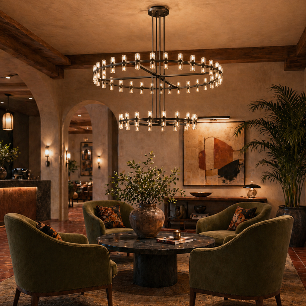 LumenHex Crystal Gear Chandelier Interlocking Hex Spokes
