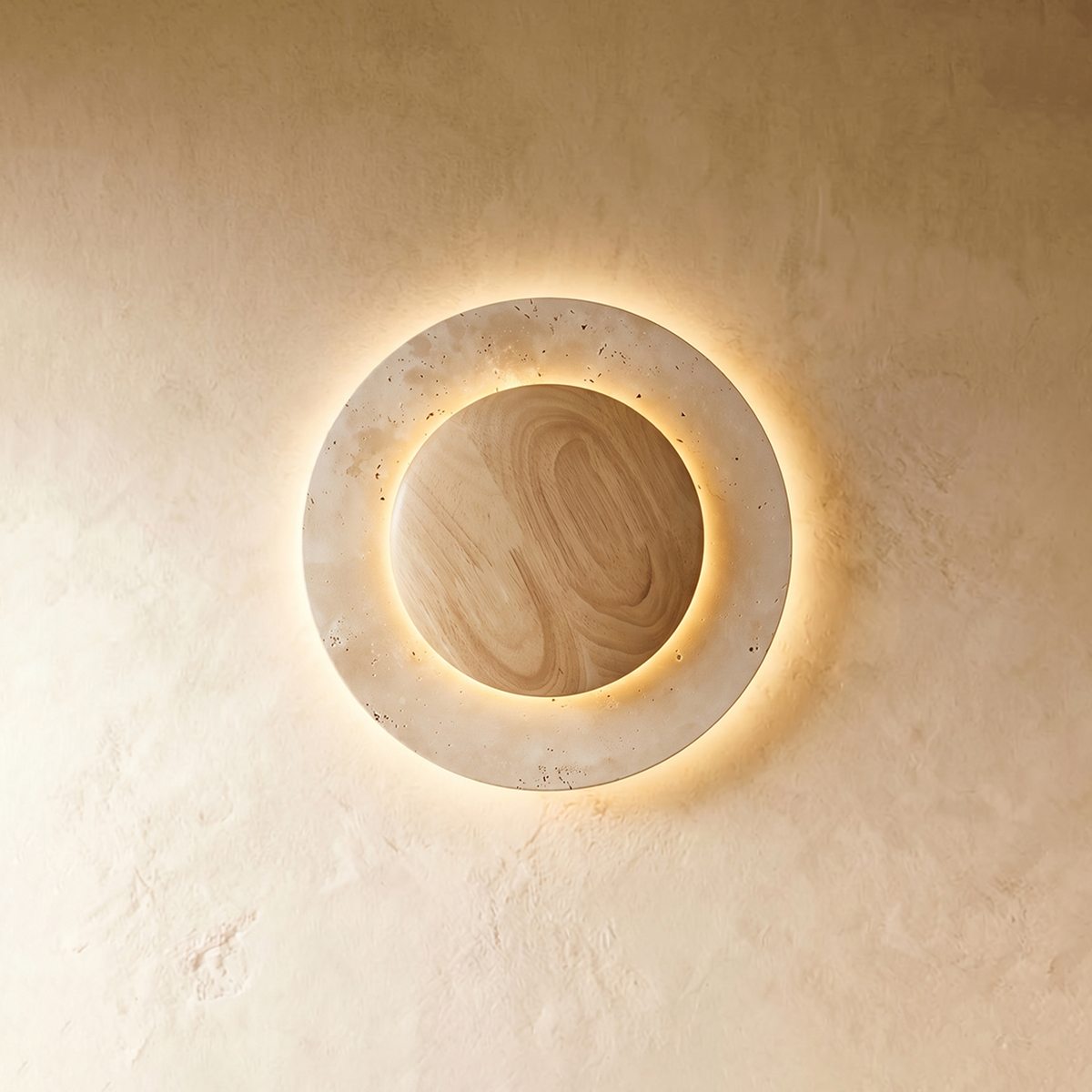 Circular Travertine Wall Lamp With Wooden Core Gentle Indirect Glow