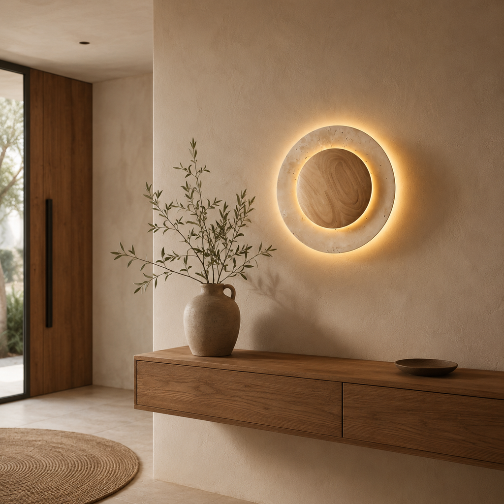 Circular Travertine Wall Lamp With Wooden Core Gentle Indirect Glow