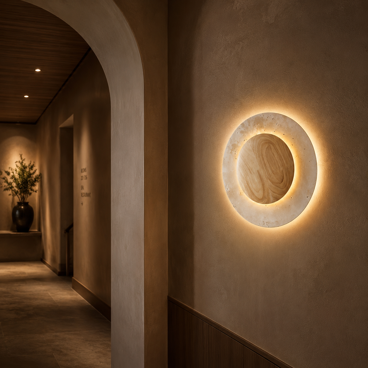 Circular Travertine Wall Lamp With Wooden Core Gentle Indirect Glow