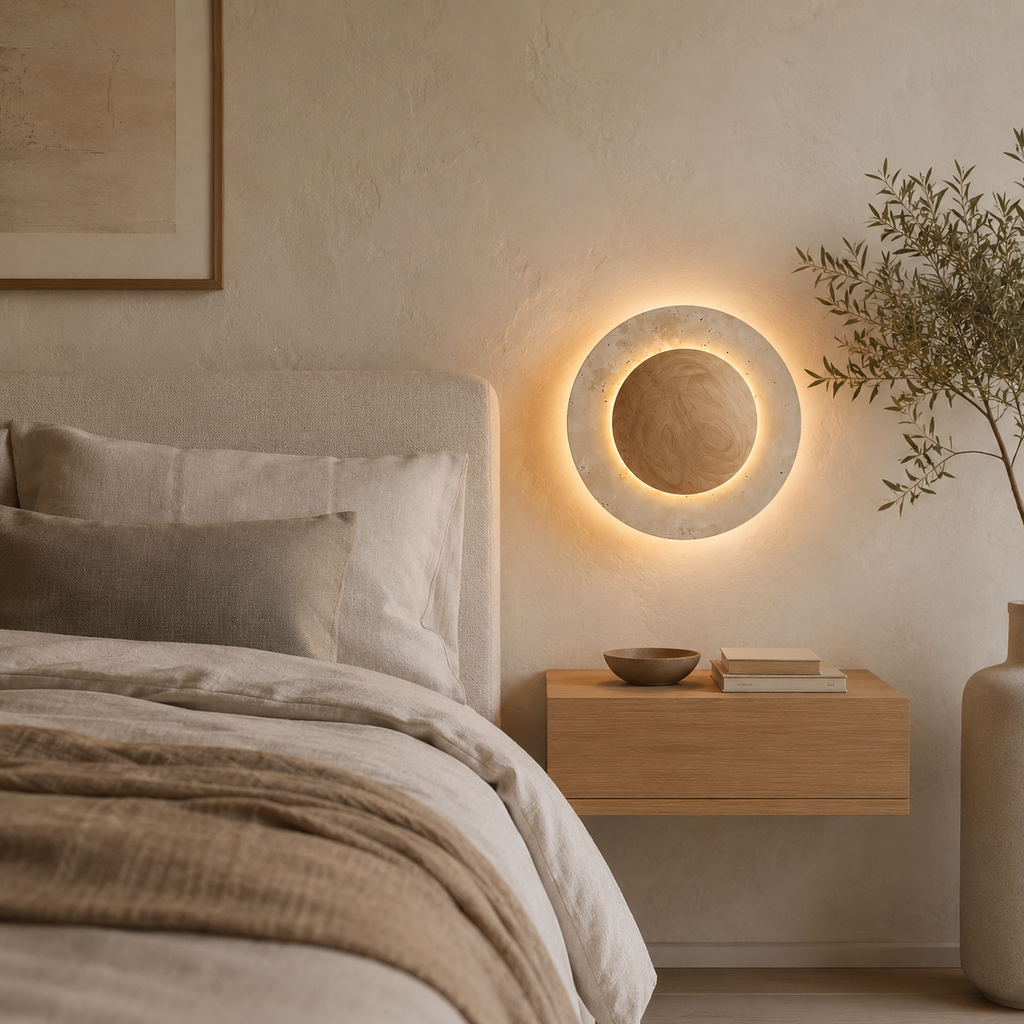 Circular Travertine Wall Lamp With Wooden Core Gentle Indirect Glow