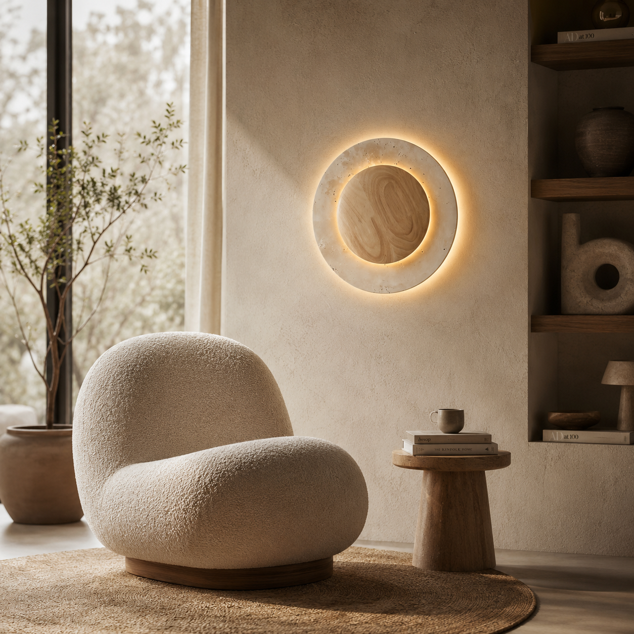 Circular Travertine Wall Lamp With Wooden Core Gentle Indirect Glow