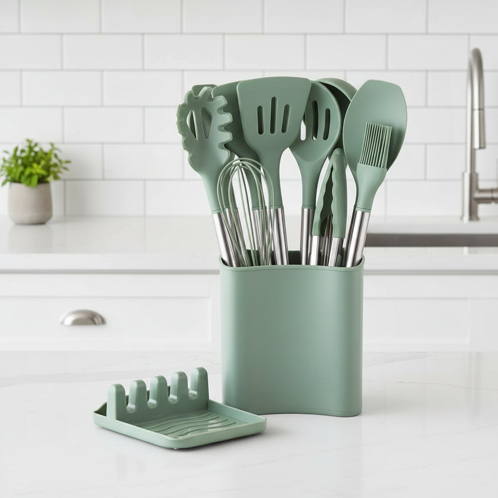 Set da cucina resistente al calore con 11 pezzi e manico effetto legno - Fioriscas