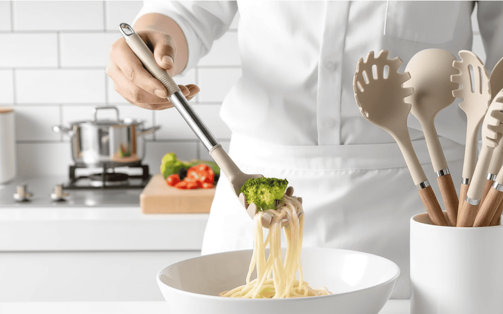Set da cucina resistente al calore con 11 pezzi e manico effetto legno - Fioriscas