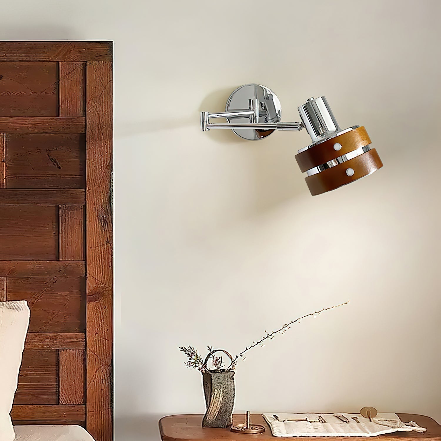 Wall Lamp Metal & Wood Barrel Shade Adjustable Mid-Century | Fioriscas