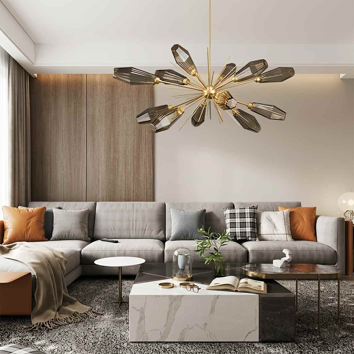 Lumen Hexagonal Prism Crystal Chandelier With Artisan Blown Glass