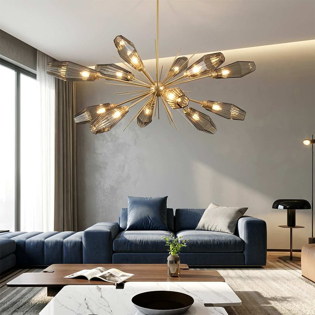 Lumen Hexagonal Prism Crystal Chandelier With Artisan Blown Glass