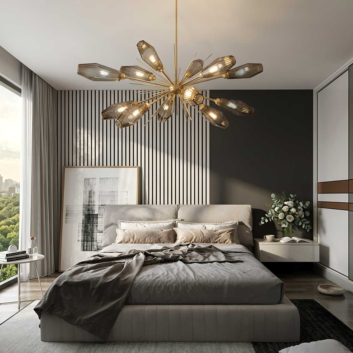 Lumen Hexagonal Prism Crystal Chandelier With Artisan Blown Glass