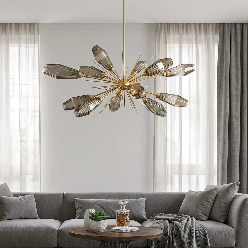 Lumen Hexagonal Prism Crystal Chandelier With Artisan Blown Glass