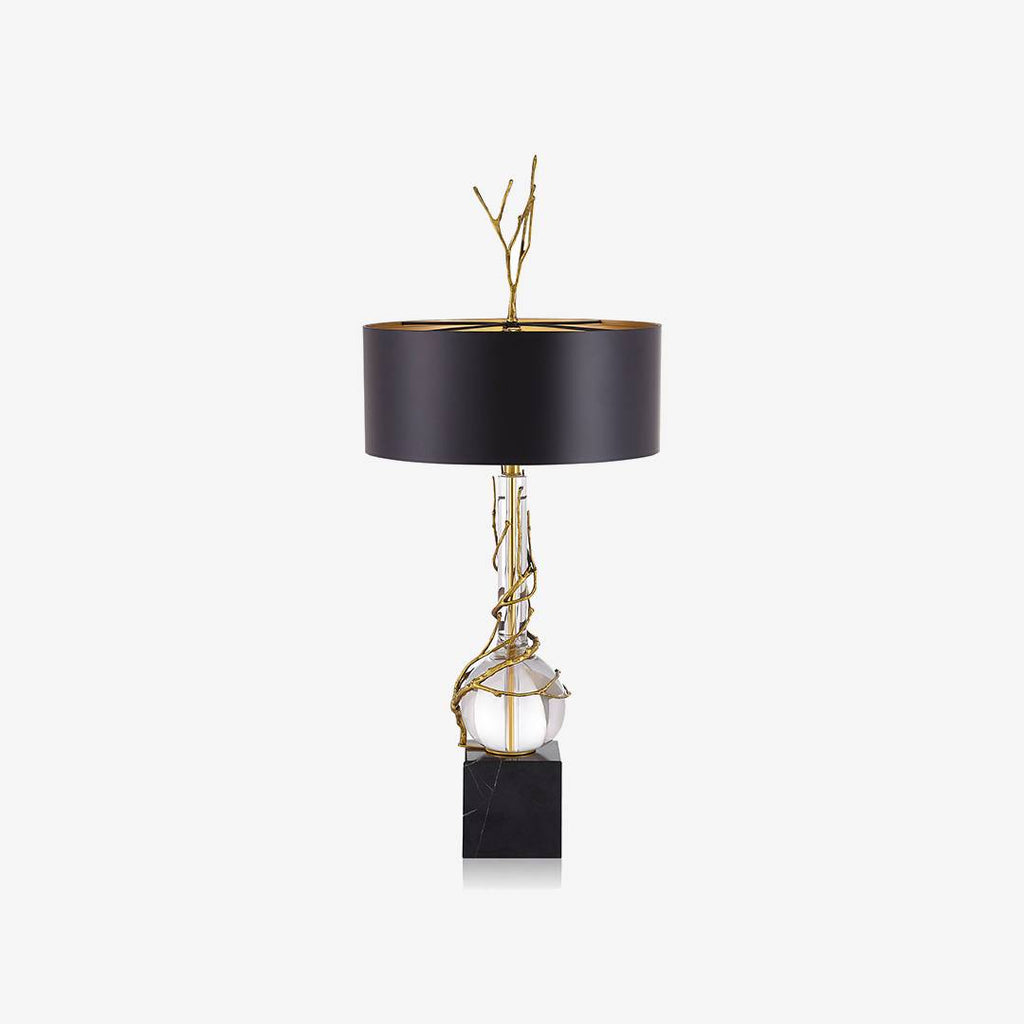 Marble Base Table Lamp With Black & Brass Shade, Crystal Accents