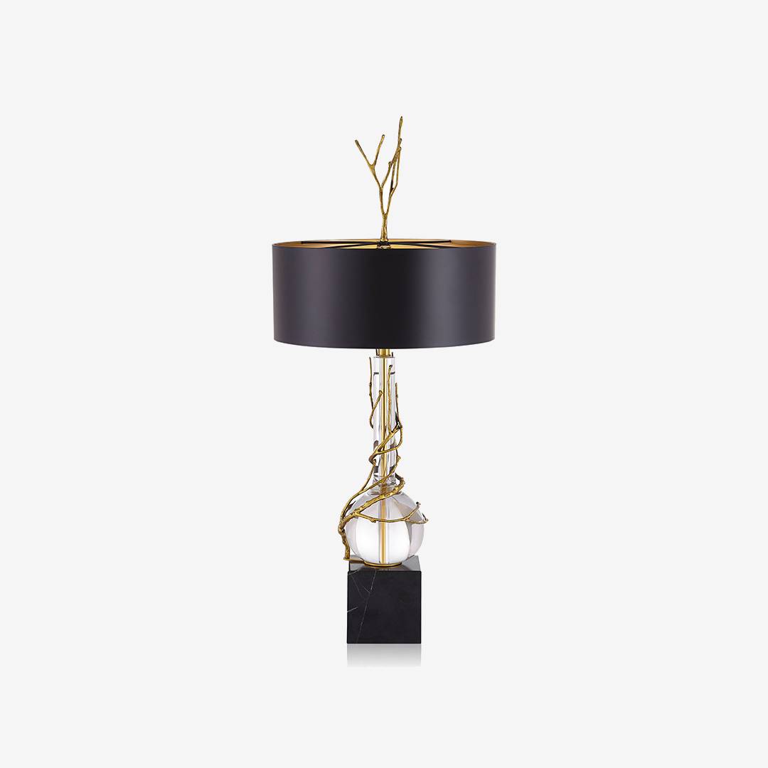 Marble Base Table Lamp With Black & Brass Shade, Crystal Accents