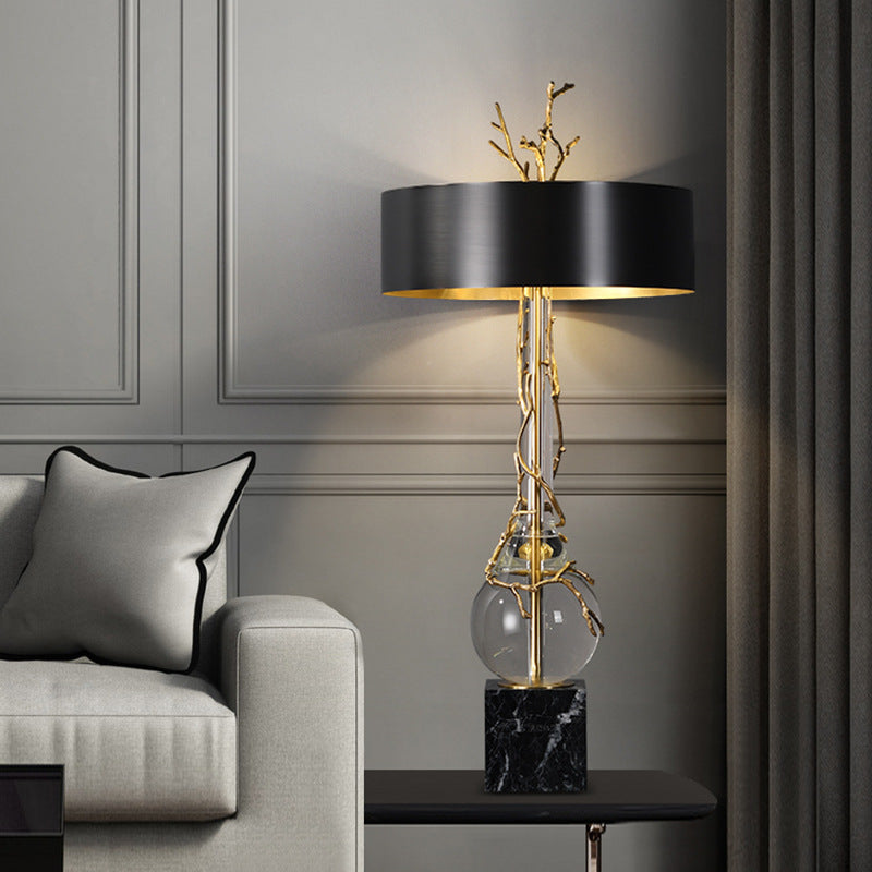 Marble Base Table Lamp With Black & Brass Shade, Crystal Accents