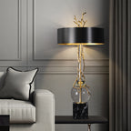 Marble Base Table Lamp With Black & Brass Shade, Crystal Accents