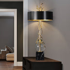 Marble Base Table Lamp With Black & Brass Shade, Crystal Accents