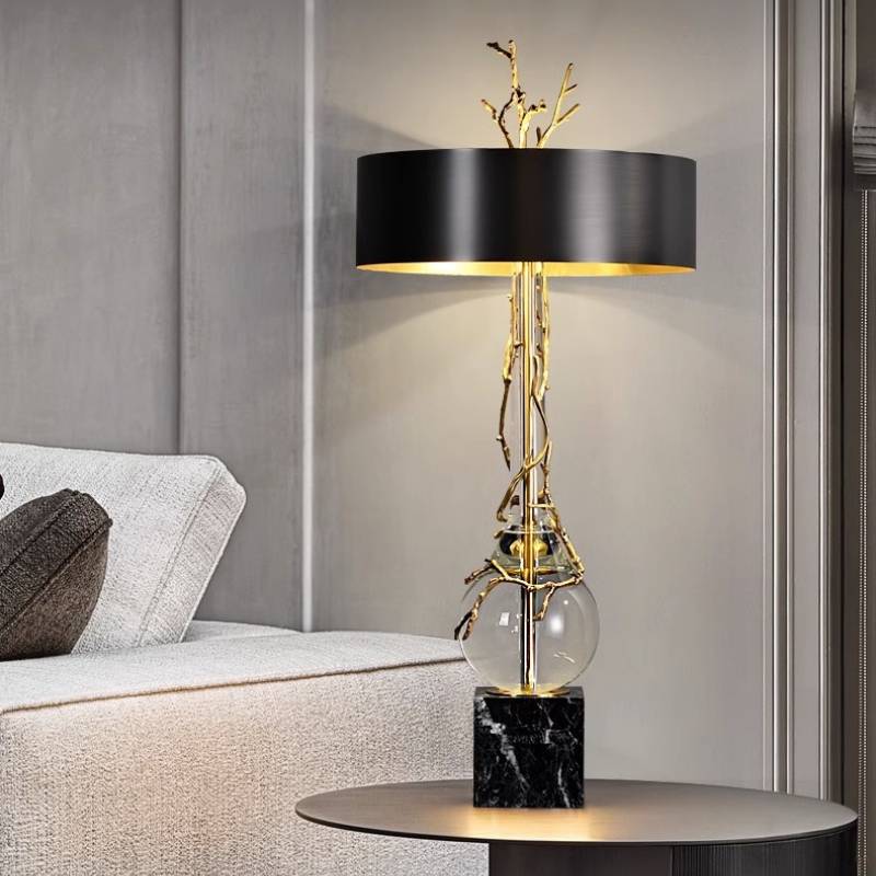 Marble Base Table Lamp With Black & Brass Shade, Crystal Accents