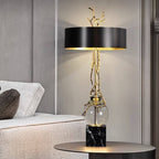 Marble Base Table Lamp With Black & Brass Shade, Crystal Accents
