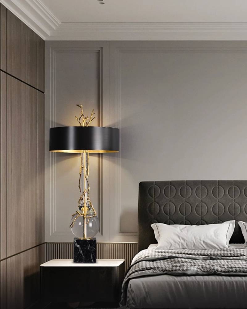 Marble Base Table Lamp With Black & Brass Shade, Crystal Accents