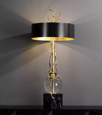 Marble Base Table Lamp With Black & Brass Shade, Crystal Accents