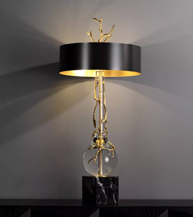 Marble Base Table Lamp With Black & Brass Shade, Crystal Accents