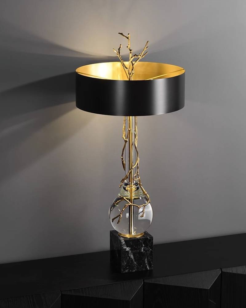 Marble Base Table Lamp With Black & Brass Shade, Crystal Accents