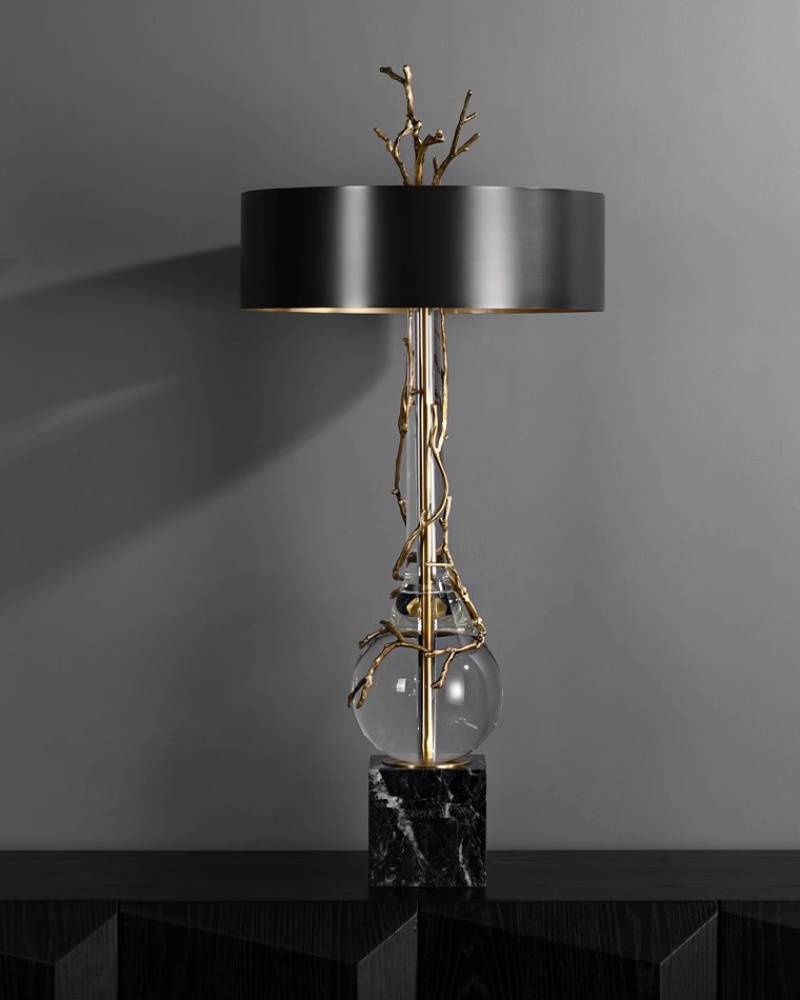 Marble Base Table Lamp With Black & Brass Shade, Crystal Accents