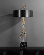Marble Base Table Lamp With Black & Brass Shade, Crystal Accents