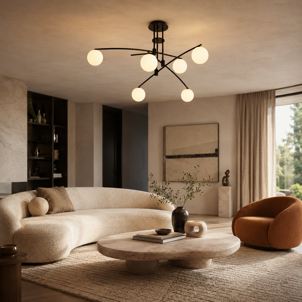 Asymmetrical Iron Halo Ceiling Lamp With Frosted Glass Orbs