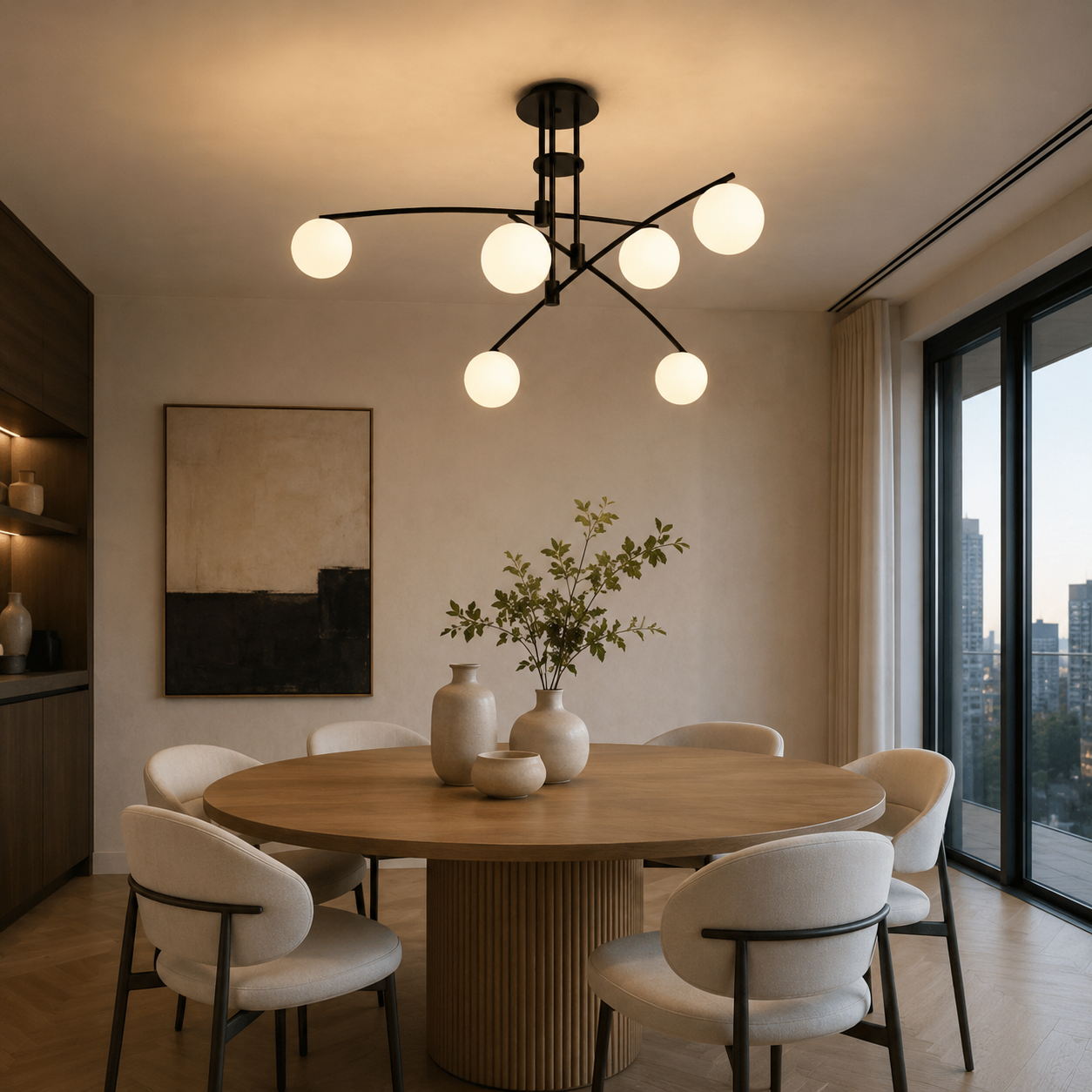 Asymmetrical Iron Halo Ceiling Lamp With Frosted Glass Orbs